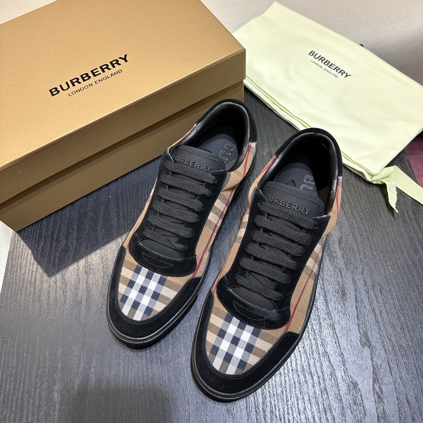 Burberry Vintage Check Cotton and Suede Sneakers Birch Brown Black